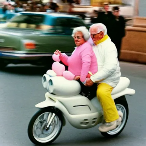 Prompt: a martin parr photo of a grandpa couple, wearing michelin man white body costumes, going super fast on a pink pig, 1 9 7 0 s kodachrome colour photo, flash on camera, w 1 0 2 4