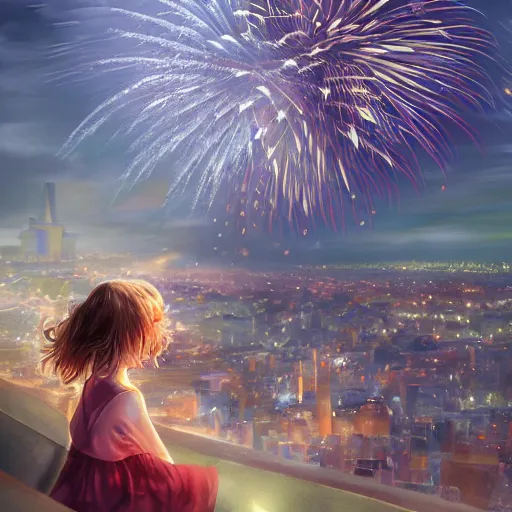 Prompt: girl watching watching fireworks on a hill, digital art, by ben weiner, richard estes, range murata, akiyuki shinbou, yoshitaka amano, wlop, highly detailed, realistic, cinematic, bold colours, photorealism, 4 k, wide angle lens, trending on artstation, artgerm