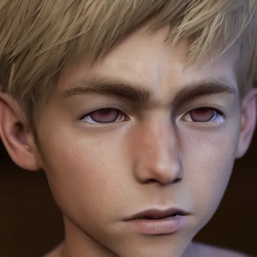 Prompt: detailed face of boy with blonde hair and brown eyes, unreal engine 5 rendered, incredibly highly detailed and realistic, 8 k, sharp focus, studio quality