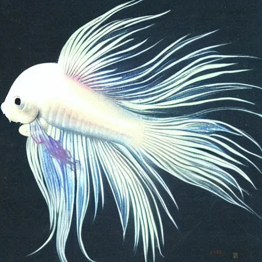 Prompt: a graceful iridescent white betta fish with long swirling fins, black-water-background, traditional Chinese painting