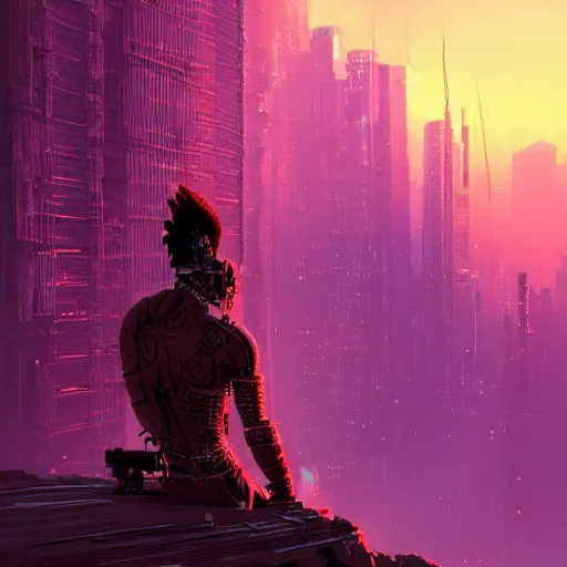 Image similar to a cyberpunk zulu warrior sitting on a cliff watching an enormous city burn!!! from a distance at night, fire!!, by alena aenami and android jones and greg rutkowski, Trending on artstation, hyperrealism, elegant, stylized, highly detailed digital art, 8k resolution, hd, global illumination, radiant light, detailed and intricate cyberpunk ghetto environment, rendered in octane, post processed, wide angle, dynamic portrait