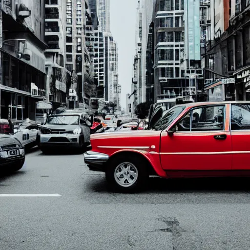 Prompt: a bunch of cars that are sitting in the street, trending on unsplash, stuckism, cityscape, depth of field