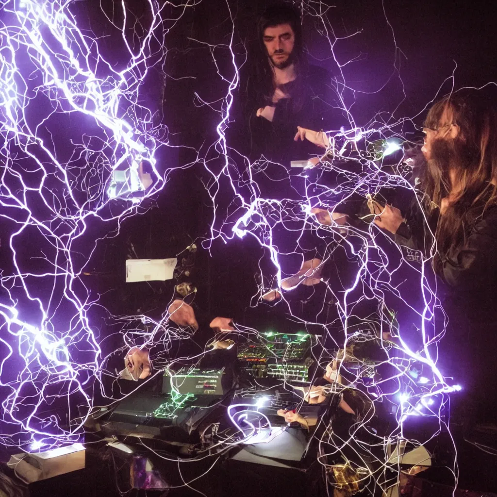 Prompt: A Warlock performing with a modular synthesizer, lightning in the background, high quality