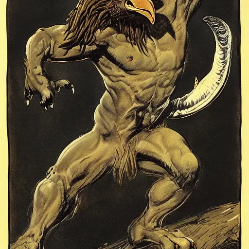 Image similar to a creature with the body and eyes of a man, with the beak of an eagle, the mane of a lion, and the horns of an ox. drawn by frank frazetta