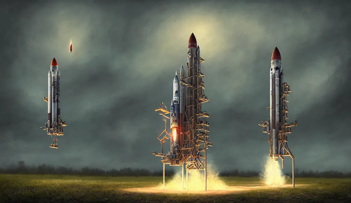 Prompt: epic professional digital art of vertical rocket on launch pad, at takeoff, ambient light, painted,, cinematic, detailed, intricate, grand, leesha hannigan, wayne haag, reyna rochin, ignacio fernandez rios, mark ryden, van herpen, artstation, cgsociety, epic, stunning, gorgeous, wow wow detail