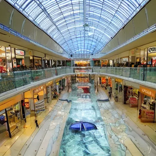 Prompt: photo of inside a shopping mall the inside is flooded with over 2 5 meters depth of water, highly detailed.