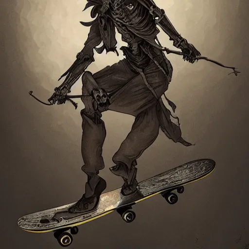 Image similar to a skeleton woman, riding a skateboard, full body pose, moody vibe historical, intricate, highly detailed, dynamic lighting, digital art, digital painting, artstation, wlop, sharp focus, illustration, art by artgerm and greg rutkowski and alphonse mucha