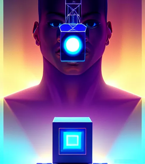 Image similar to symmetry!! egyptian god of technology, solid cube of light, hard edges, product render retro - futuristic poster scifi, lasers and neon circuits, brown skin handsome egyptian god, intricate, elegant, highly detailed, digital painting, artstation, concept art, smooth, sharp focus, illustration, dreamlike, art by artgerm