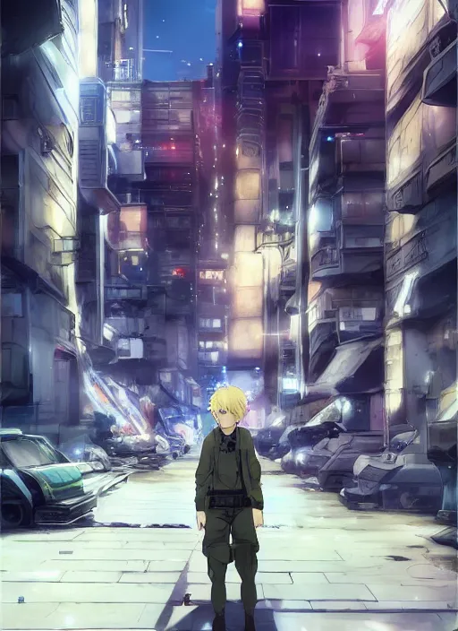 Image similar to beautiful blonde soldier boy at a futuristic city street by makoto shinkai