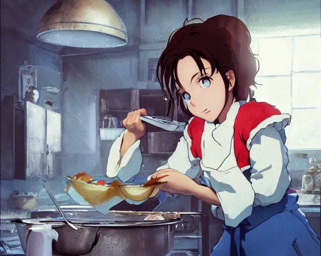 Image similar to a brunnete girl with blue eyes and puffy cooking breakfast in her messy house, holding a pan, close up shot from the side, anime art, Greg Rutkowski, studio ghibli, dramatic lighting