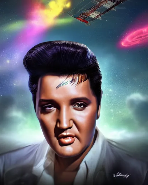 Image similar to a powerful energy elvis presley, by alexander fedosav, hyper detailed digital matte painting, concept art, hyperrealism, 1 6 k resolution, cinema 4 d, 8 k resolution, trending on artstation, behance hd, a masterpiece, by stephan martiniere, particles, power bright spotlight energy neon, by david a. hardy,