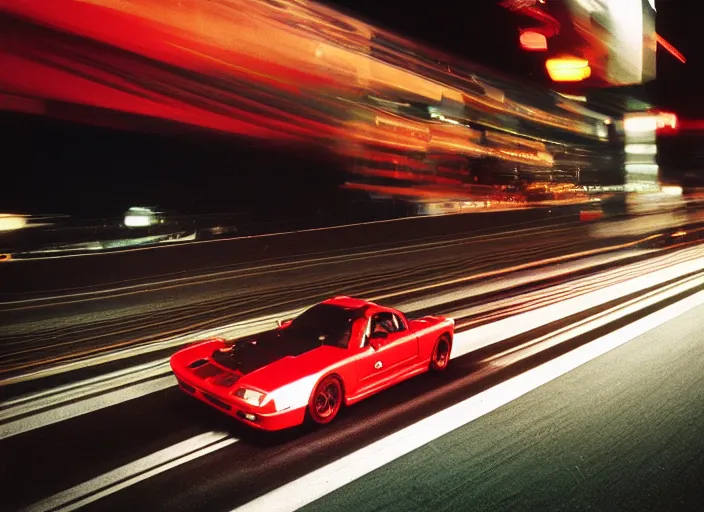 Prompt: fd rx - 7 1 9 9 9 candy - apple - red racing down highway, night - time, japan film photo motion blur front side view ( ( ( ( wadim kashin wenjun lin ) ) ) )