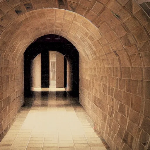 Image similar to Beautiful Fuzzy wide-eye-lens 15mm, harsh flash, cameraphone 2002, Photograph of an tiled infinite foggy foggy foggy liminal pool pool hallway hallway hallway with archways and water on the floor, mirrored