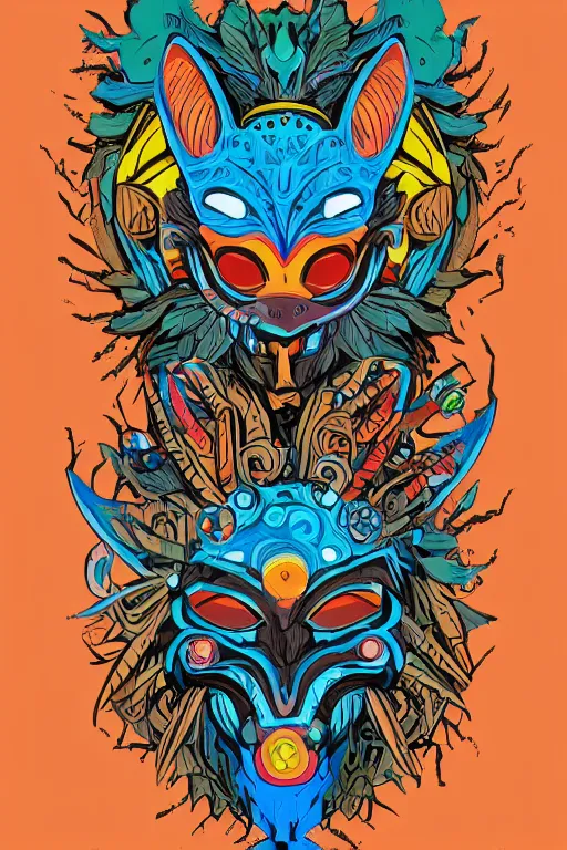 Image similar to animal mask totem roots flower tribal feather gemstone plant wood rock shaman vodoo video game vector cutout illustration vivid multicolor borderlands comics by josan gonzales and dan mumford radiating a glowing aura