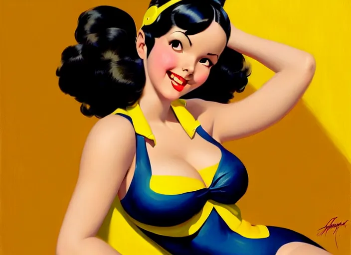 Image similar to the style of the artist gil elvgren, a girl with black hair, overwatch tracer, with a very beautiful symmetrical face, a smile on her face, tanned skin, in a yellow bikini, against the background of a sea beach, in art style, high detail, digital painting, hyperrealism