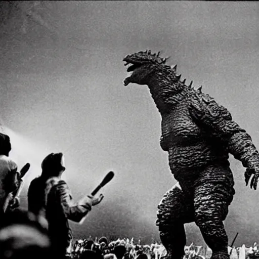 Image similar to a human sized Godzilla performing on stage at Woodstock, photo