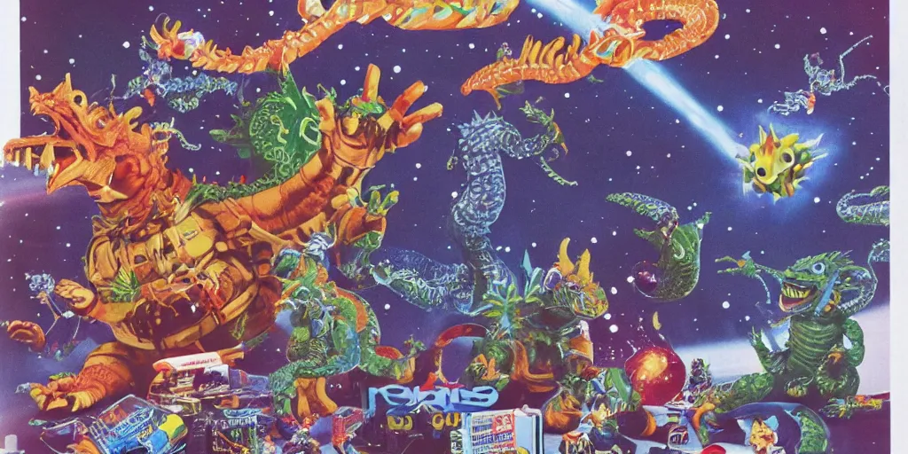 Image similar to Hindu Gremlin Godzilla Space Cowboys, catalogue photography, exciting toy commercial circa 1992