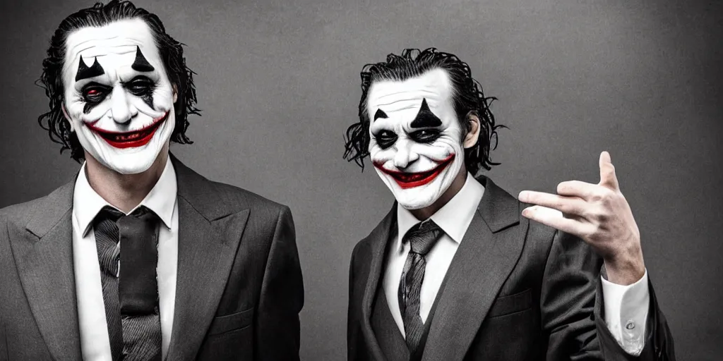 Image similar to joker wearing a suit style, photograph, grinning, creepy,