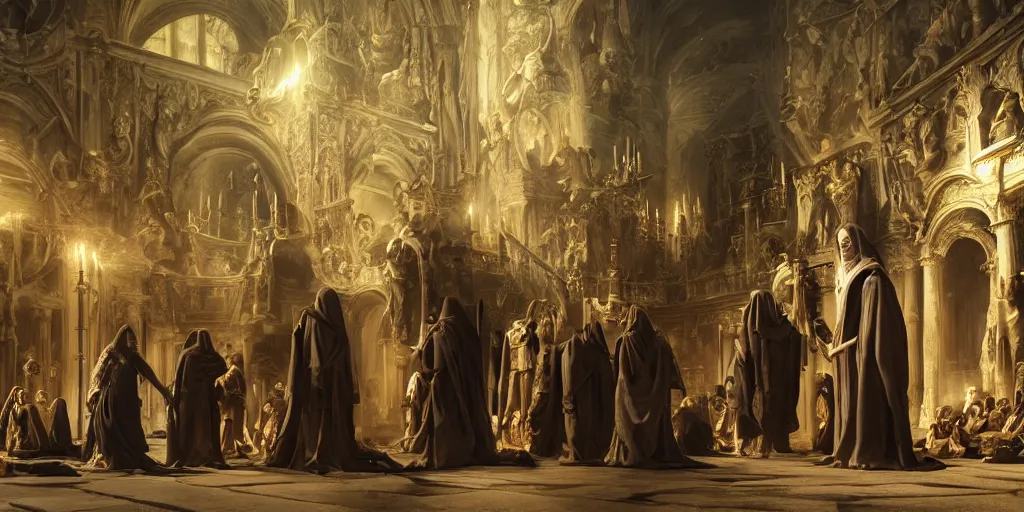 Image similar to beautiful oil matte painting, black plague infected people meeting the grim reaper inside a baroque cathedral, wonderful masterpiece highly detailed, beautiful cinematic light deep focus, elegant, digital painting, smooth, sharp focus, golden ratio, dramatic illumination, ultra realistic, 8 k, art by salvator rosa