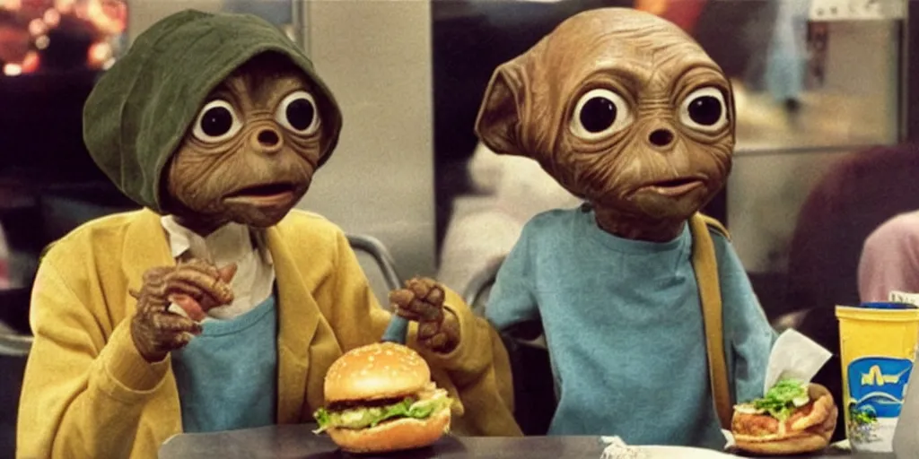 Image similar to e. t sitting in a mc donald ’ s restaurant with an angry expression because he got the wrong hamburger.