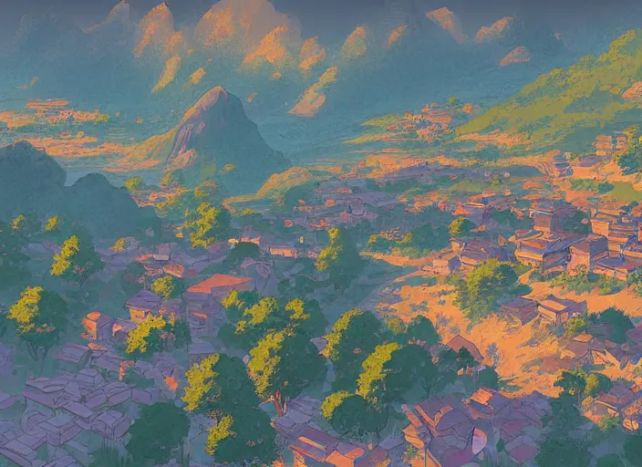 Image similar to concept art painting of a small village in a valley seen from above, european japanese buildings, early morning, cel shaded, by makoto shinkai and moebius and anton fadeev and james gurney