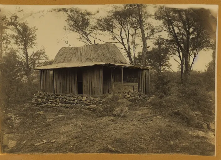 Image similar to Photograph of a miner's wooden shack among dry bushes and boulders in a pine forest, albumen silver print, Smithsonian American Art Museum