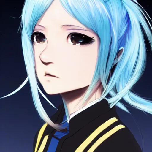 Prompt: profile shot of rimuru tempest, sky blue hair, ponytail, long bangs, gold eyes, black jacket with white stripes and a high collar, highly detailed, roman city, professional art, concept art, stock photo, cinematic, wlop | art by pixiv, ilya kuvshinov, greg rutkowski, yoshitaka amano