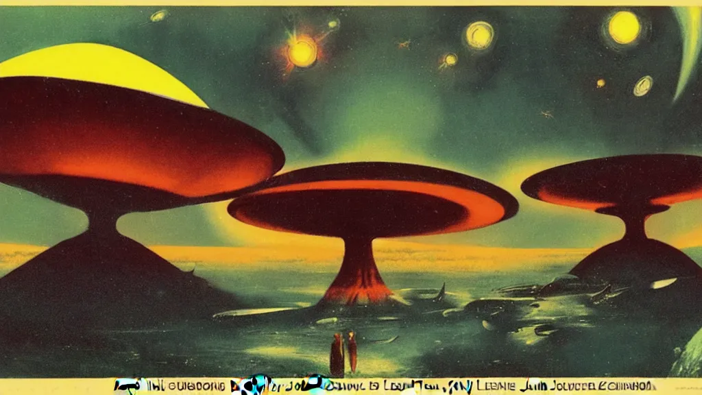 Image similar to flying saucer design by paul lehr and jack gaughan and john schoenherr, cinematic matte painting