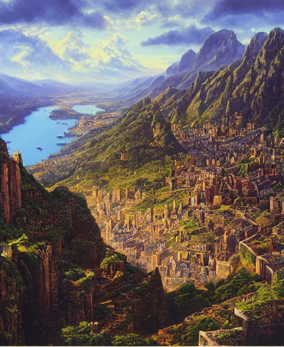 Prompt: a vibrant painting of a great city carved into the side of a mountain by ted nasmith and lee madgwick