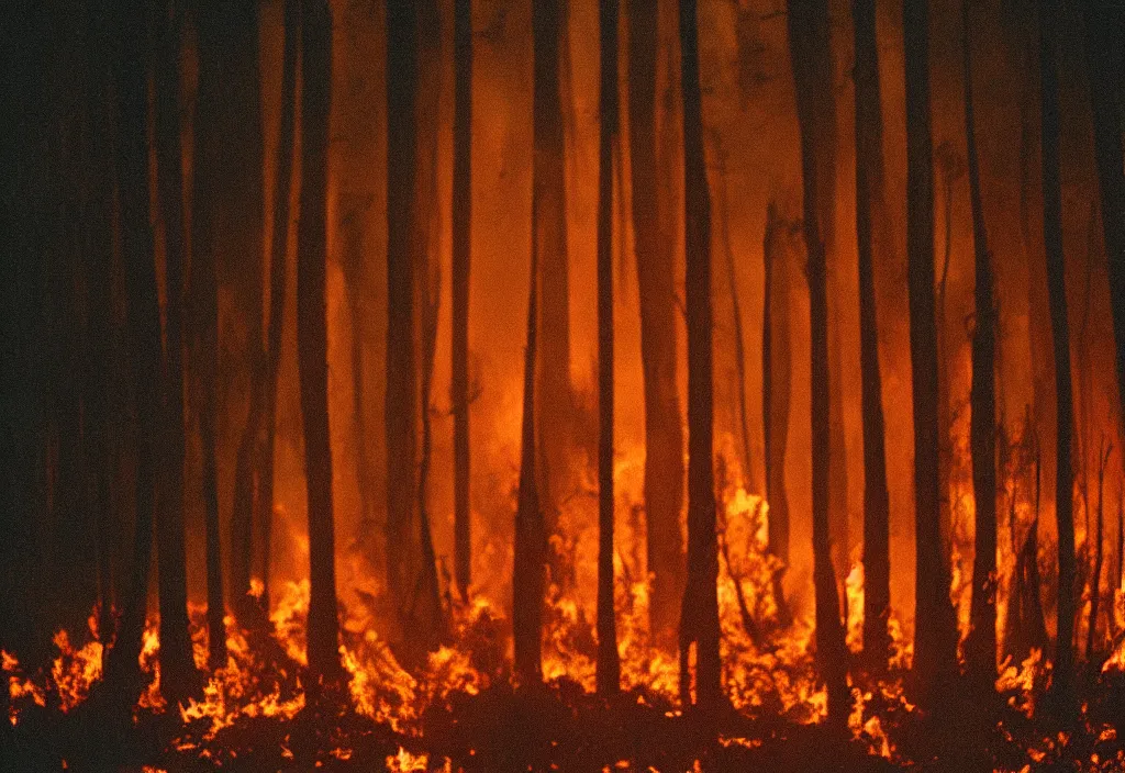 Image similar to lomo photo of a large burning forest in horizon, cinestill, bokeh, out of focus, night, dramatic lighting