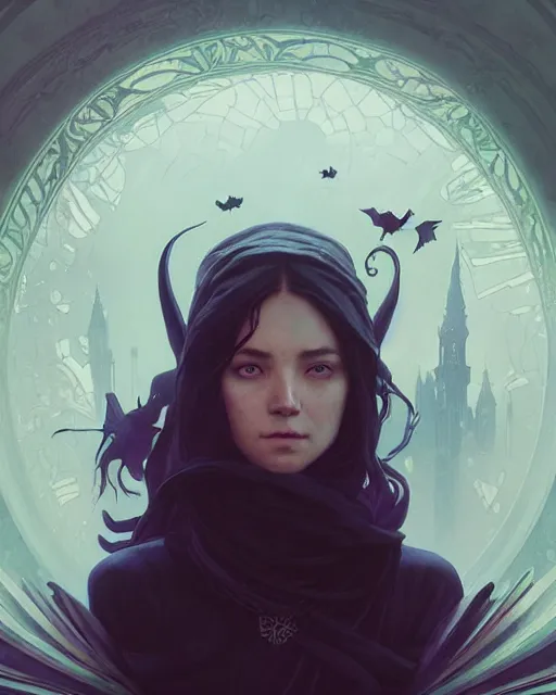 Image similar to highly detailed vfx - portrait of a witch, beautiful eyes, complex epic composition, unreal engine, greg rutkowski, only, once, people, makoto shinkai and louis van baerle, ilya kuvshinov, rossdraws, tom bagshaw, alphonse mucha, global lighting, detailed and complex environment, masterpiece