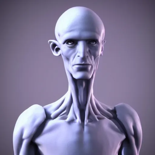 Image similar to a sculpure of an humanoid male alien made of translucid plastic, inside him there is luminiscent fluids, he has an elongated head shape, unreal engine 5