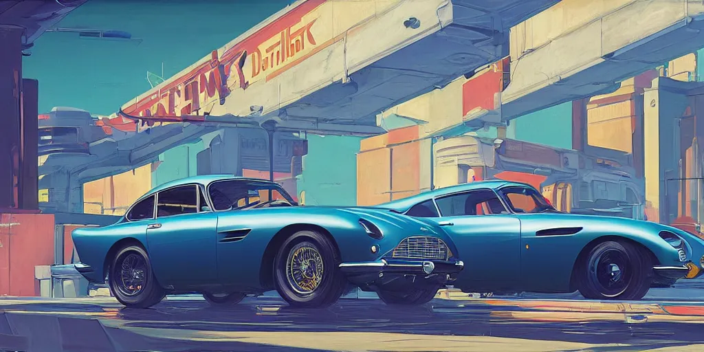 Prompt: art style by Ben Aronson and Edward Hopper and Syd Mead, wide shot view of the Cyberpunk 2077, on ground level. full view of the Aston Martin DB4 1958 with wide body kit modification and dark pearlescent holographic paint, has gullwing doors open.