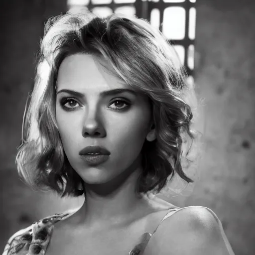 Prompt: a beautiful medium - shot of scarlett johansson looking into the distance, in the style of the ghost in the shell, beautiful face, beautiful body, beautiful light failling on her face, chin - length bob with bangs haircut, by annie leibowitz