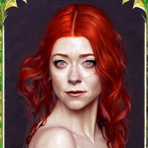 Image similar to a stunningly detailed illuminated manuscript of a beautiful alyson hannigan dressed as poison ivy with white skin and with hair pulled up in a ponytail, dark eyeliner, intricate, elegant, highly detailed, digital painting, artstation, concept art, sharp focus, illustration, art by greg rutkowski and alphonse mucha