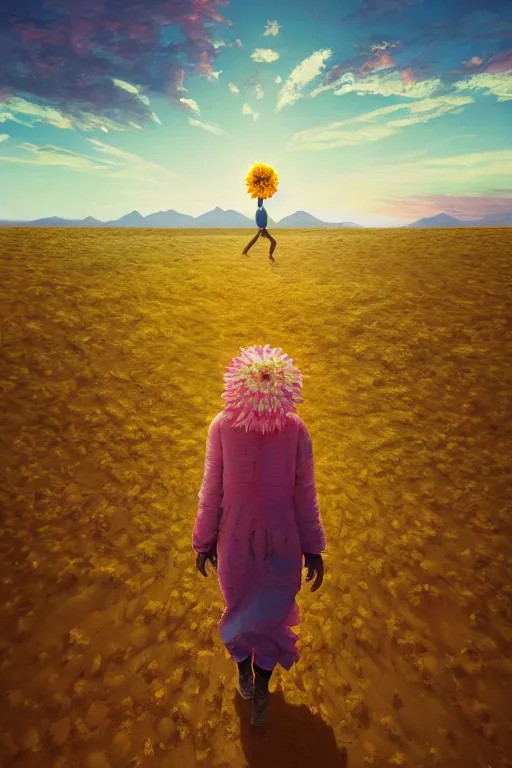 Image similar to giant corn flower head, girl walking in the desert, surreal photography, sunrise, dramatic light, impressionist painting, colorful clouds, digital painting, artstation, simon stalenhag