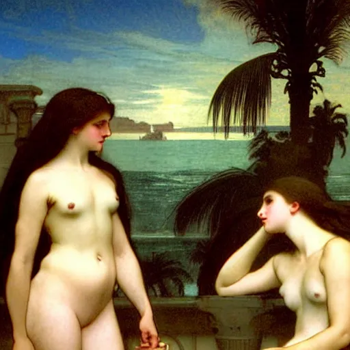 Image similar to Silhouette of two girls at the palace, thunderstorm, greek pool, beach and palm trees on the background major arcana sky, by paul delaroche, alphonse mucha and arnold böcklin arnold böcklin hyperrealistic 8k, very detailed