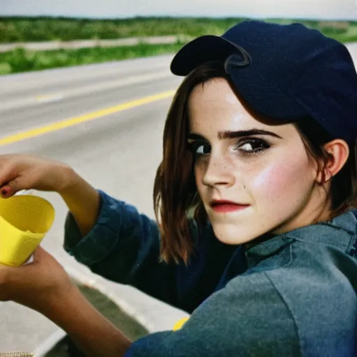 Image similar to photo, close up, emma watson in a hi vis vest picking up trash on the side of the interstate, portrait, kodak gold 2 0 0,