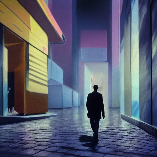 Prompt: a surreal pastel painting with a tilt - shift effect of a man walking through a science fiction - based city, dramatic lighting, depth of field, dreamy