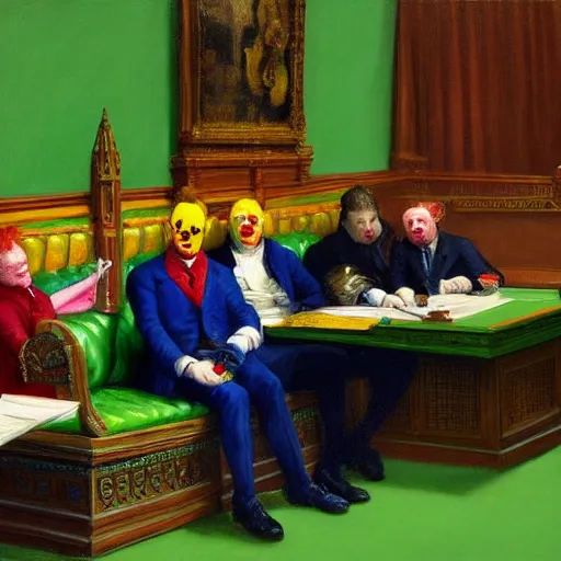 Prompt: a highly detailed fine art painting of multiple british members of parliament in the house of commons wearing clown costumes and smoking. in the style of edward hopper, richard hamilton. concept art. whimsical. green leather benches. colour graded by rembrandt. sharp oil painting. photographic qualities. no artefacts, minimal noise. 8 k