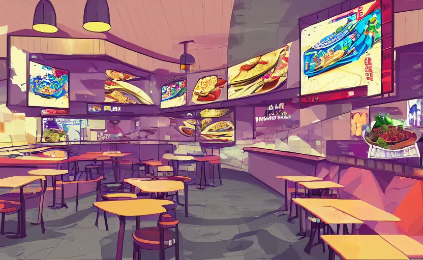 Prompt: the interior of a taco bell, anime scenery, digital art