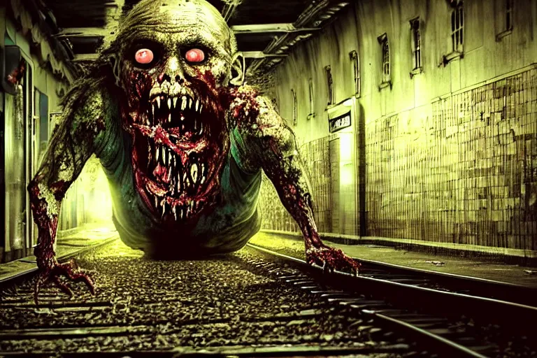 Image similar to very large giant mutant zombie irradiated an ifected with cancer and worms angry rat staying on railways in tonnel of moscow subway. extreme high detail, very realistic. low dark light, scary mood.