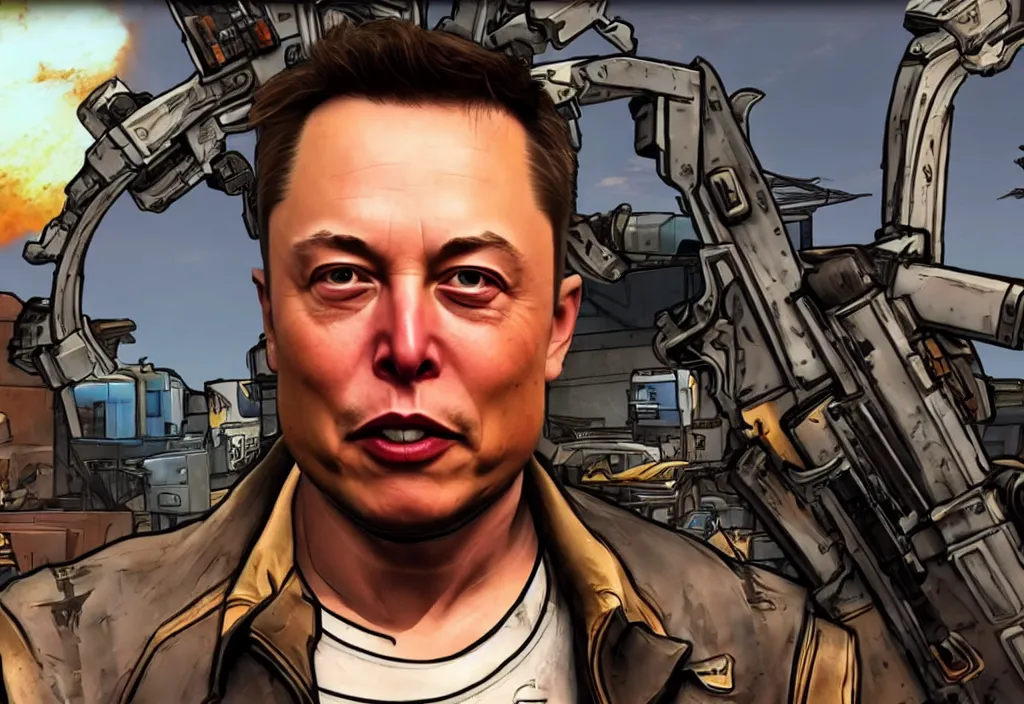 Image similar to elon musk in borderlands elon musk in the video game borderlands, gameplay screenshot, close up, 3 d rendering. unreal engine. amazing likeness. very detailed.