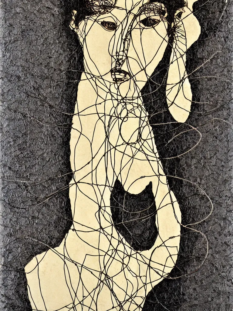 Image similar to original metal wire art about female facial features and body silhouette, dramatic vibe, unique, unusual shapes and curves, influenced by egon schiele