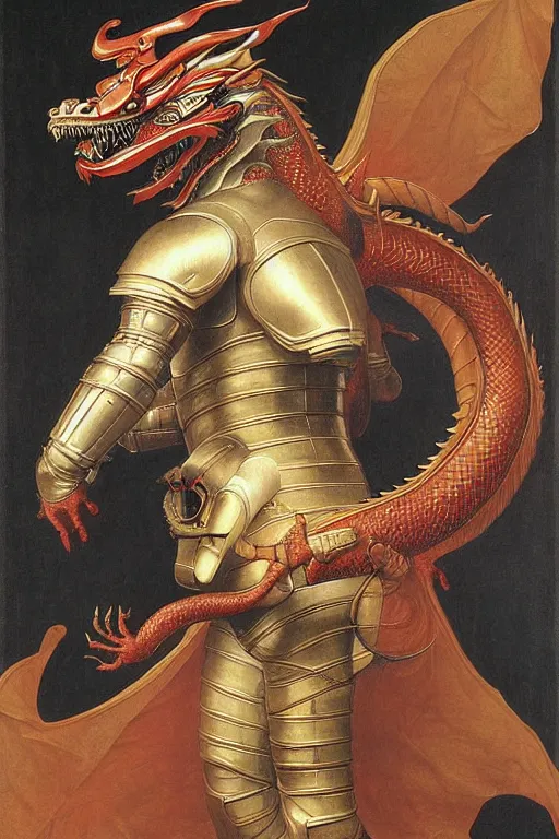 Image similar to portrait of a astronaut is a chinese dragon in armor and helmet, majestic, solemn, symmetrical, detailed intricate, hyper realistic, by bouguereau