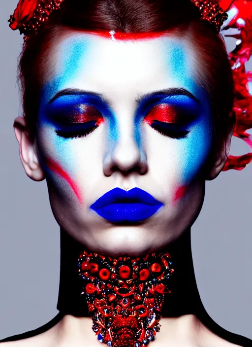 Prompt: a female high fashion model wearing a jeweled face crown, dark eye make - up, red lips, alexander mcqueen, haute couture, artstation, high detail, black, red and blue, 8 0 s airbrushed, film still, cinematic composition