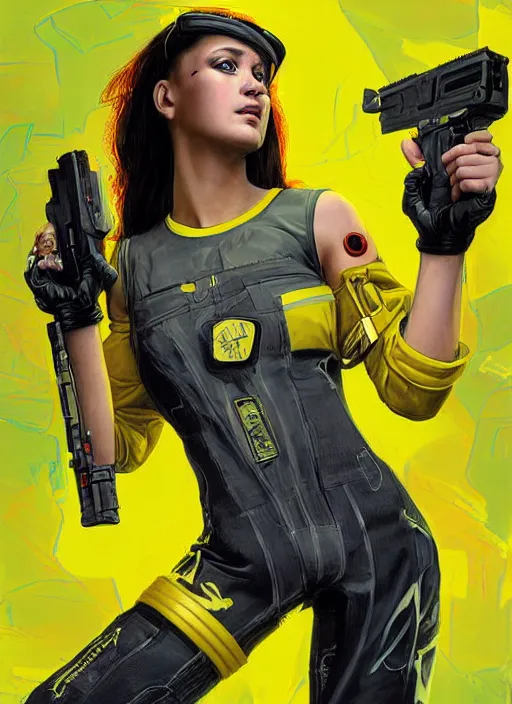 Image similar to beautiful cyberpunk female athlete in yellow jumpsuit. cyber chick firing a futuristic red automatic pistol with huge magazine. ad for pistol. cyberpunk poster by james gurney, azamat khairov, and alphonso mucha. artstationhq. gorgeous face. painting with vivid color, cell shading. ( rb 6 s, cyberpunk 2 0 7 7 )