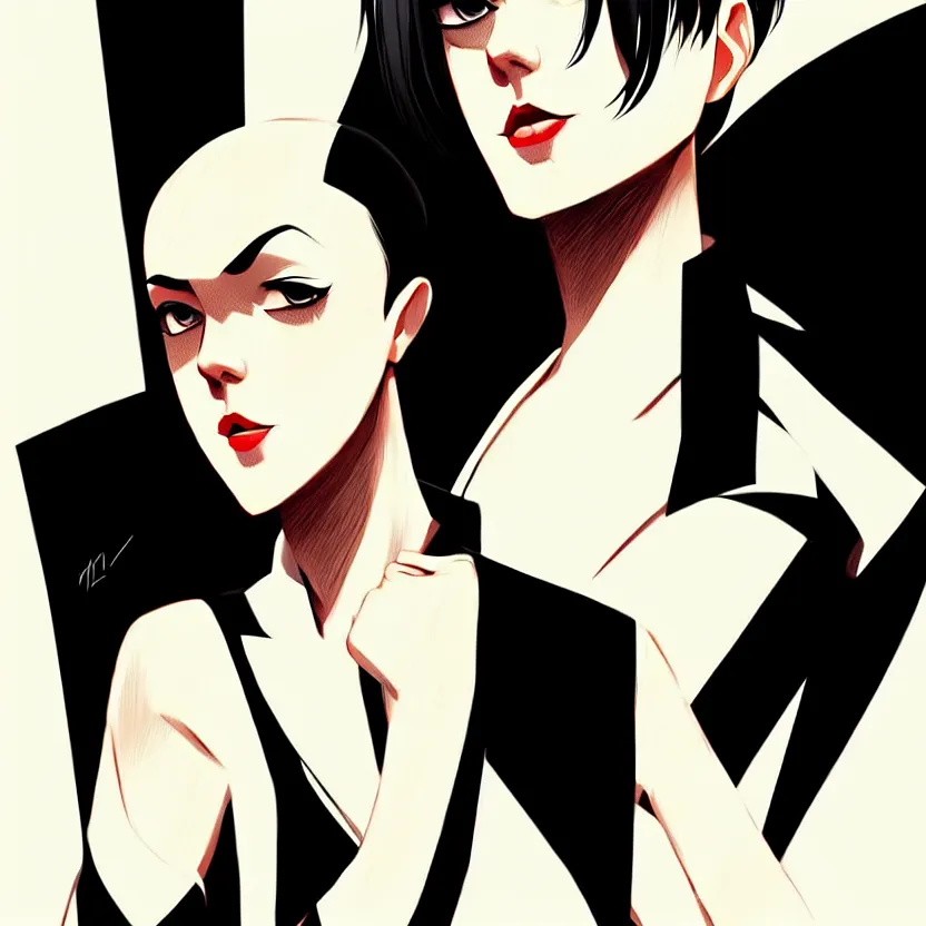 Image similar to jena malone, slim cruel business girl in tuxedo with black bob hair, elegant, 2 d, ultra highly detailed, digital painting, smooth, sharp focus, artstation, art by ilya kuvshinov!