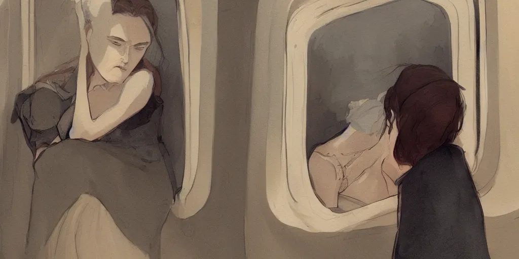 Prompt: a beautiful painting of a sad woman on a train by abigail larson, trending on artstation