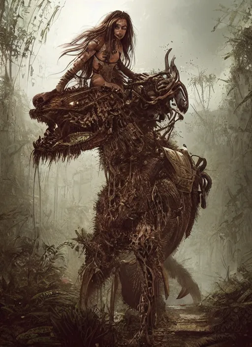 Prompt: a portrait of a very beautiful cute tribal woman riding a mutated jaguar in a post apocalyptic city overgrown with lush vegetation, by Luis Royo, by Greg Rutkowski, dark, gritty, intricate, backlit, strong rimlight, cover illustration, concept art, volumetric lighting, volumetric atmosphere, sharp focus, octane render, trending on artstation, 8k